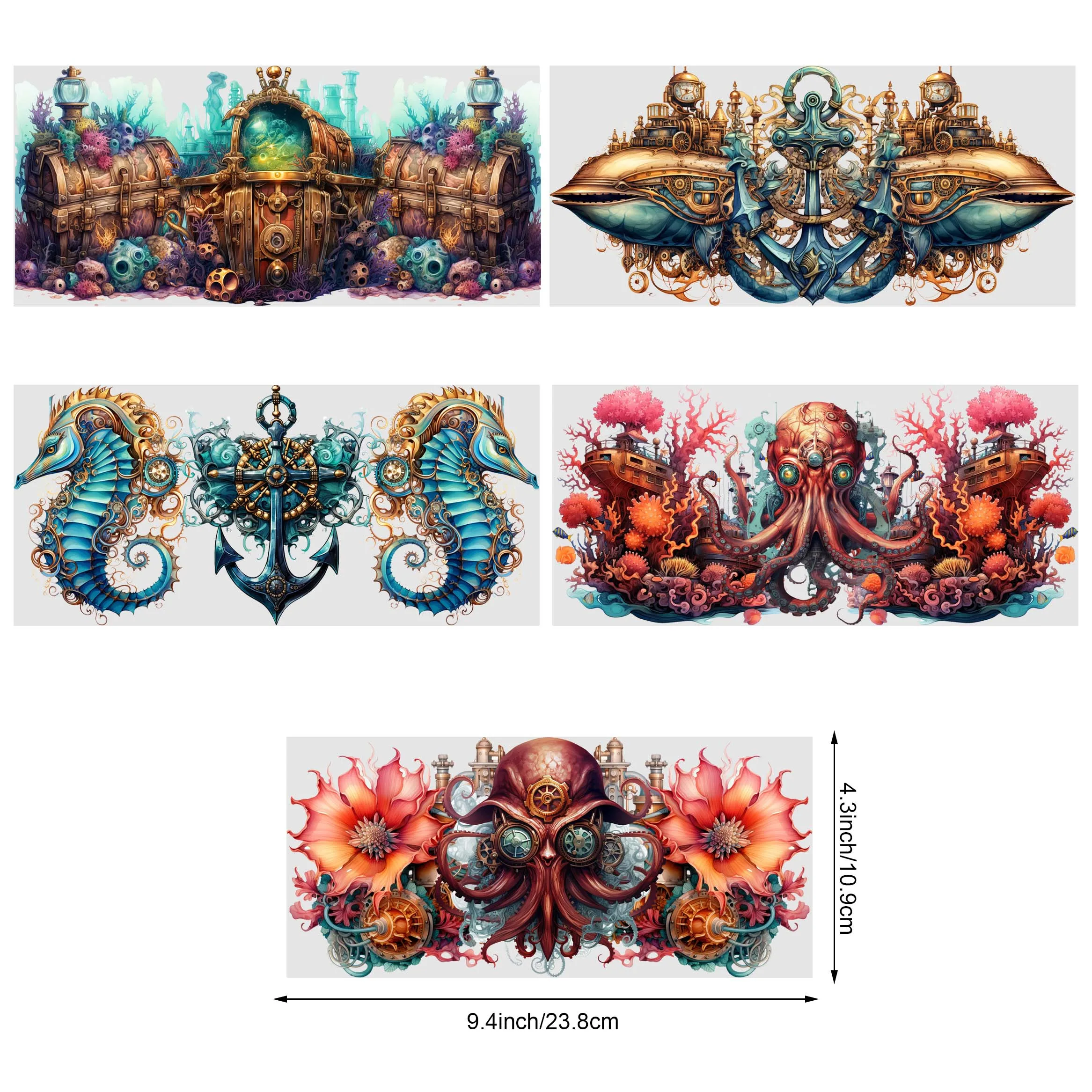5 sheets Steampunk sea UV DTF cup holder 16 oz, DTF cup holder transfer glass, waterproof stickers, friction transfer stickers