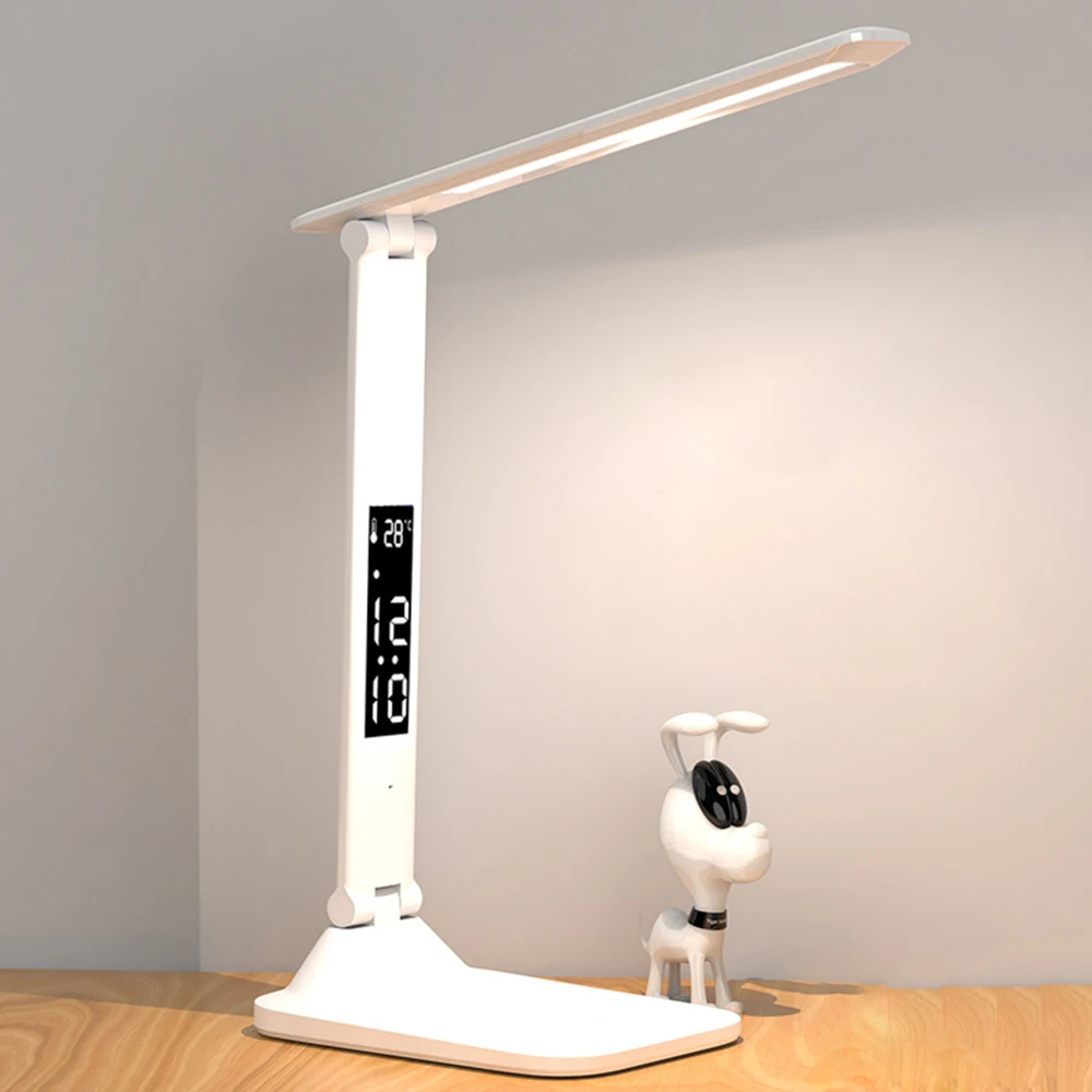 Foldable USB Plug‑in LED Desk Lamp Touch Dimmable Eye‑Protection Table Lamp with Calendar Temperature Alarm Clock for Bedroom