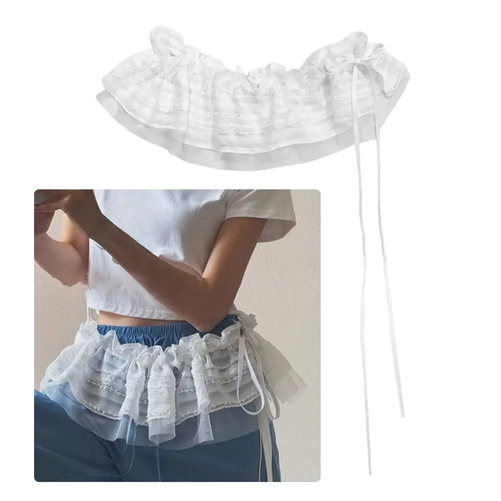 ใหม่ปักดอกไม้ลูกไม้กระโปรงมินิดูผ่าน Harajuku Lace Up Ruffles กระโปรง Y2K Streetwear ผ้าม่านกางเกงยีนส์ตกแต่ง