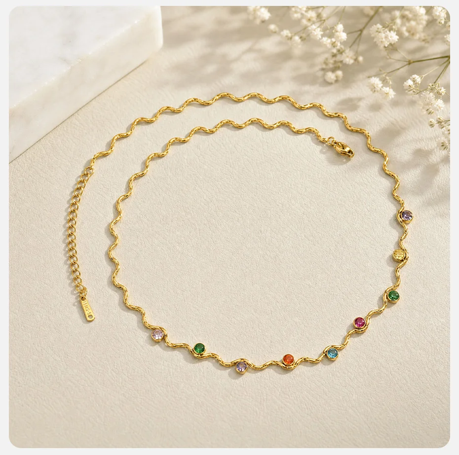 Vnox Trendige Vergoldete Bunte Zirkonia-Wellenkette für Damen, Exquisite Edelstahl-Schlüsselbeinkette, Bohemian-Schmuck – Detail 5