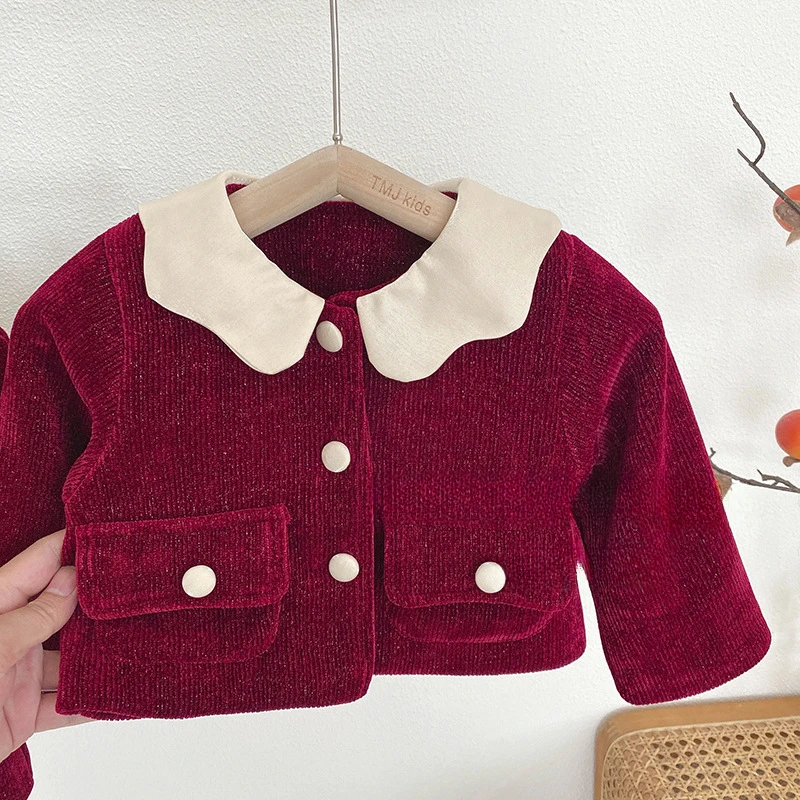 New Year Girl Color-blocked Lapel Bow Corduroy Winter Warm Jacket Casual Red Temperament Skirt Baby Girl Clothes