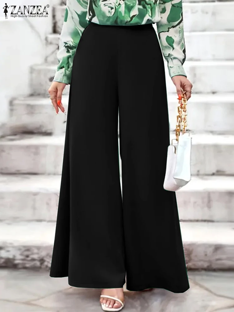 

ZANZEA Casual Loose Pantalons Women Vintage Wide Leg Pants Office Lady High Waist Long Trousers 2024 Autumn Solid Color Bottoms