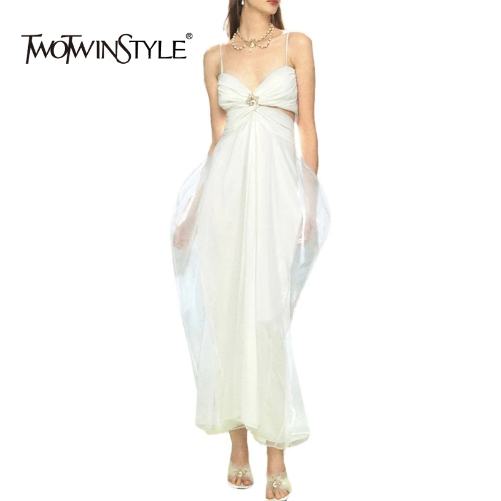 

TWOTWINSTYLE Solid Hollow Out Spliced Folds Elegant Dresses for Women V Neck Sleeveless Temperament Long Dress Female Clothing