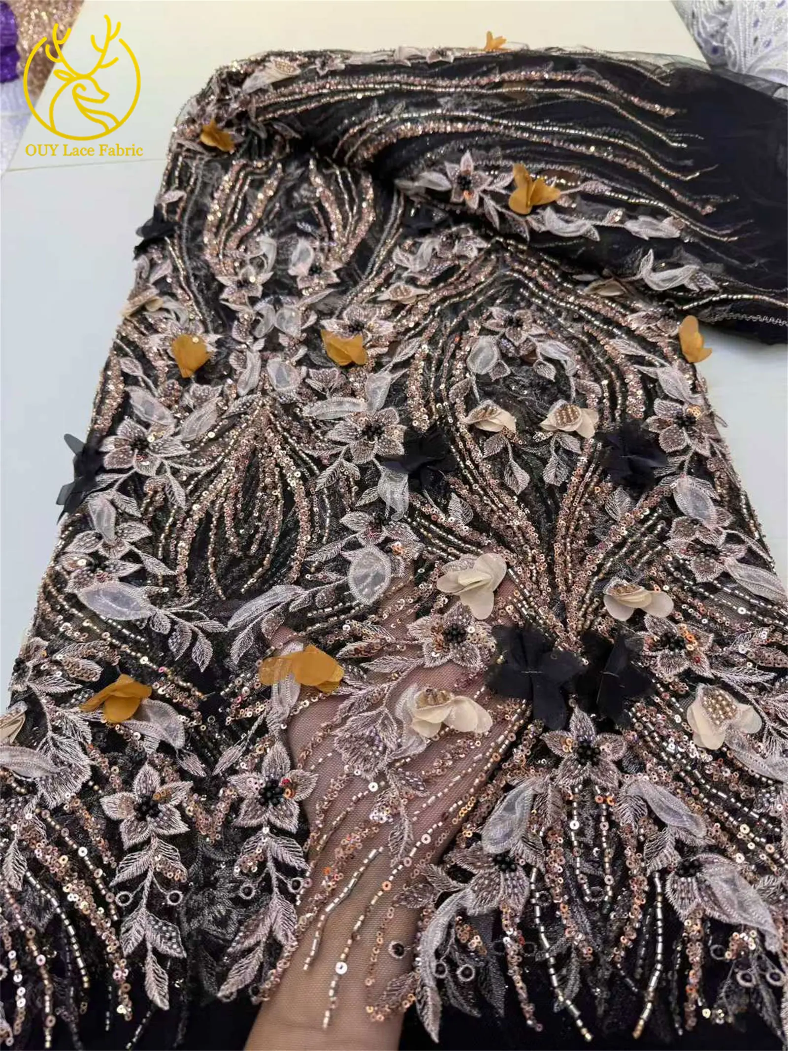 Neueste 3D Blumen Afrikanische Perlen-Spitzenstoff 2026 Französischer Nigerianischer Pailletten-Spitzenstoff für Braut Hochzeitskleid Material – Detail 8