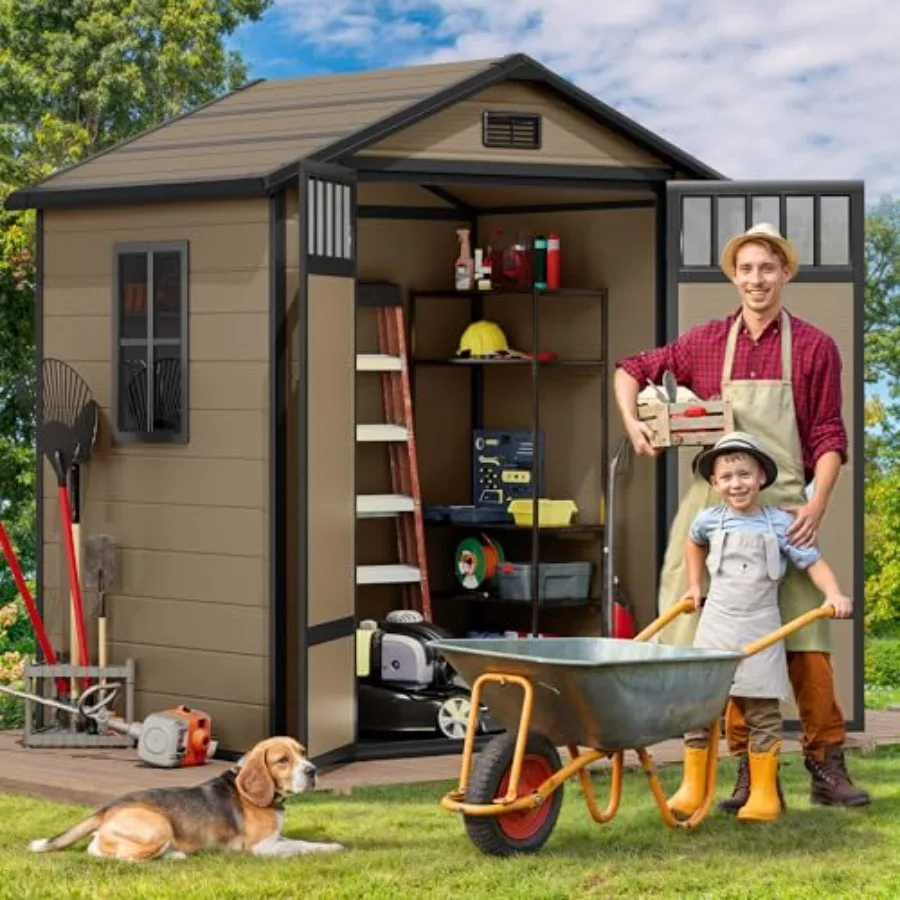 Outdoor Storage Shed, All-Weather Resin Plastic Storage Shed with Windows, Slanted Roof, Raised Floor, Capacity for Garden Tool