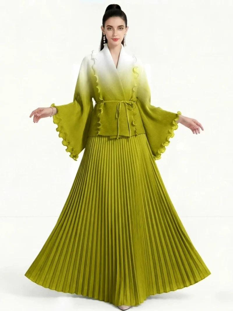 Fashion Gradient 2 Piece Sets Women Outfit Autumn Clothing Women Full Sleeve Cardigan Top Long Skirt Suit Two Pieces Dress Sets