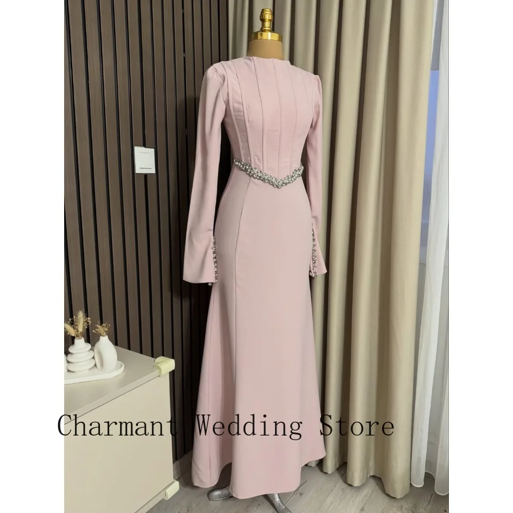 Pink Formal Modest Evening Gown with High Neck, Long Flare Sleeves Crystal Waist Embellishment and Mermaid Silhouette