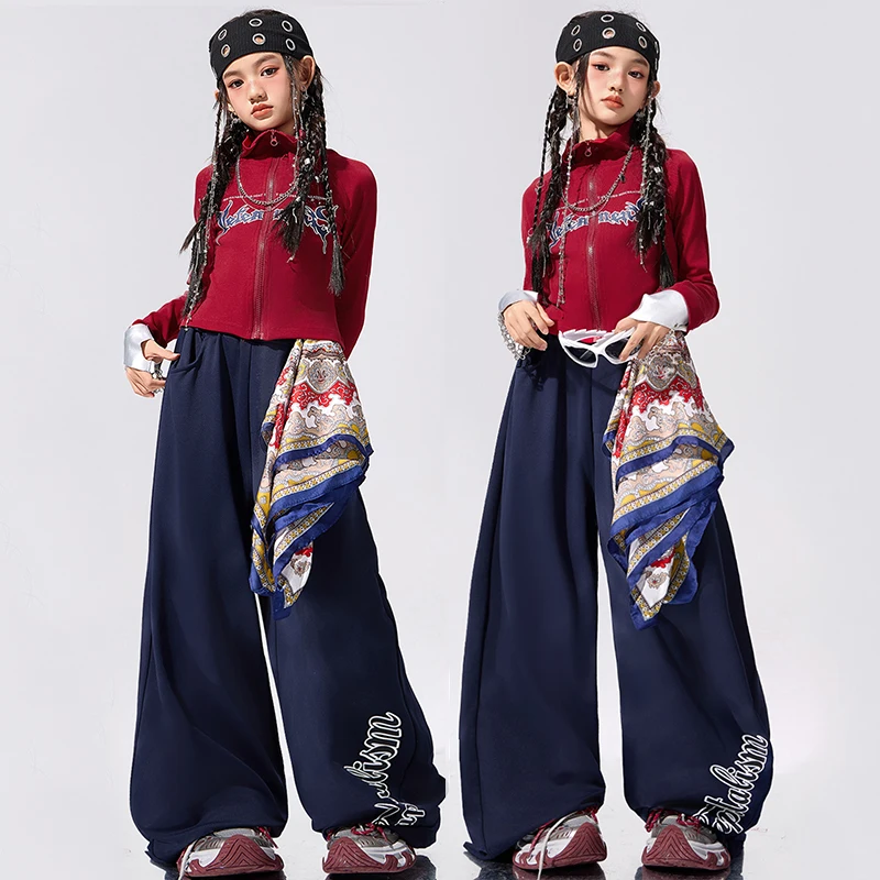 

Jazz Outfit Children Hip Hop Dance Costume Urban Dance Clothes Red Long Sleeve Top Navy Blue Loose Pants Causal Streetwear 3085