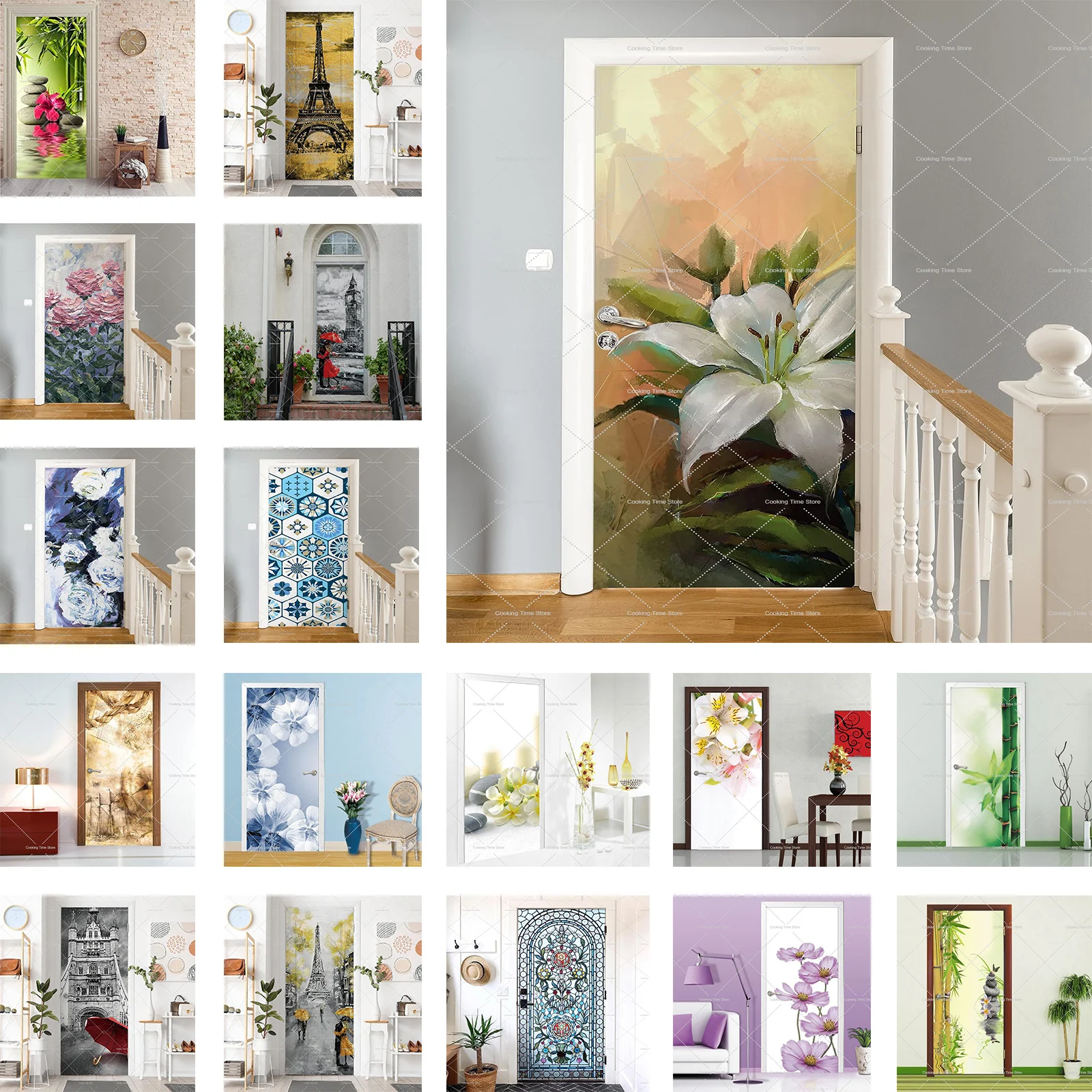 

Oil Painting 3D Door Stickers Removable Flowers Peel and Stick Door Wallpaper Vinyl Decals for Living Home Decor Bedroom Poster