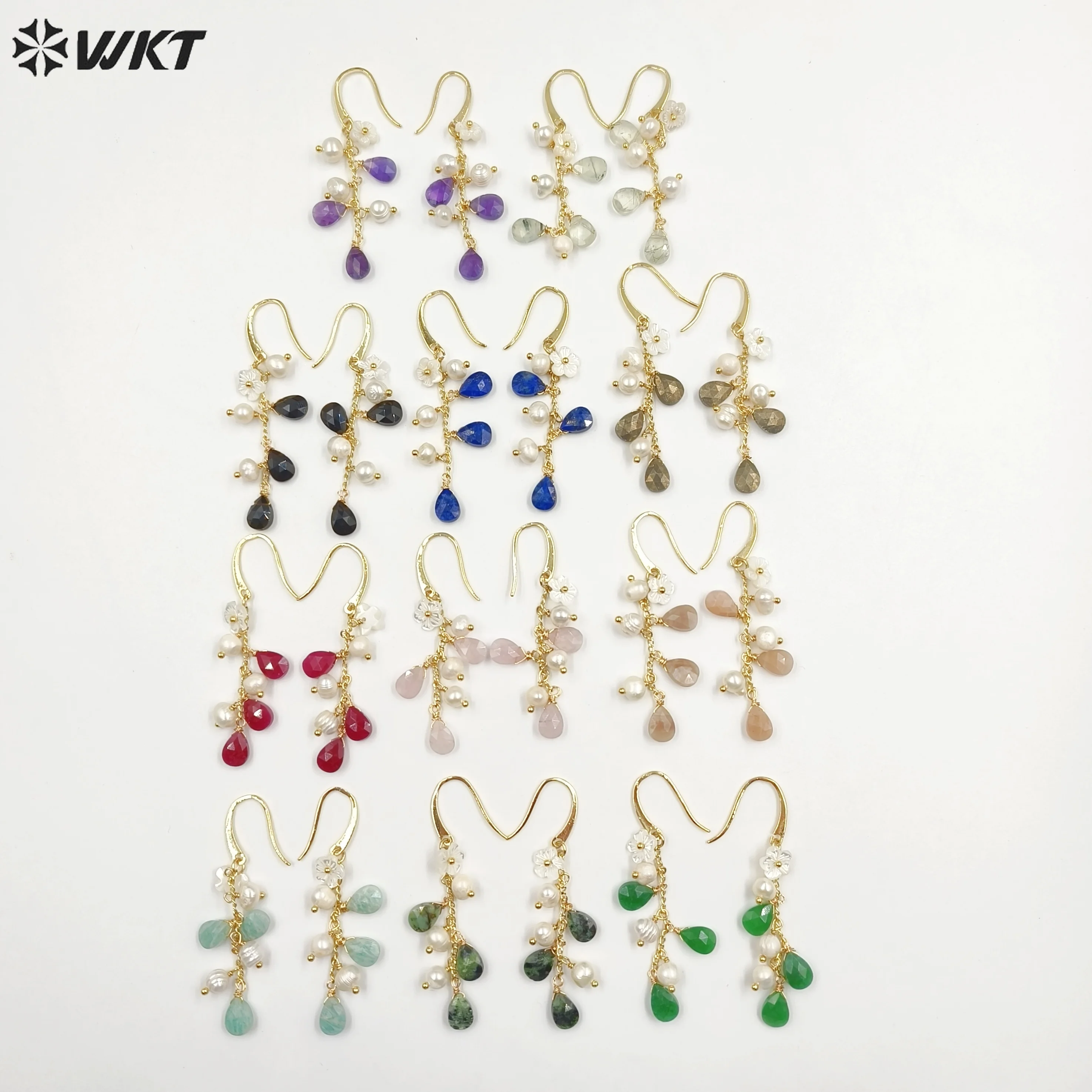 WT-MPE109 European Retro Style Long Hook Earring Leaf Shape Make Of Stone And Pearl Women Sweater Temperament Accessories