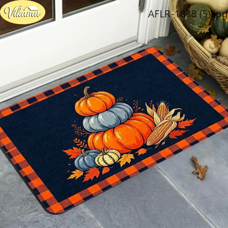 VIKAMA Fall Blue Pumpkin Black Plaid Door Mat Floor Mat Front Door Non Slip Washable Welcome For Home Decor