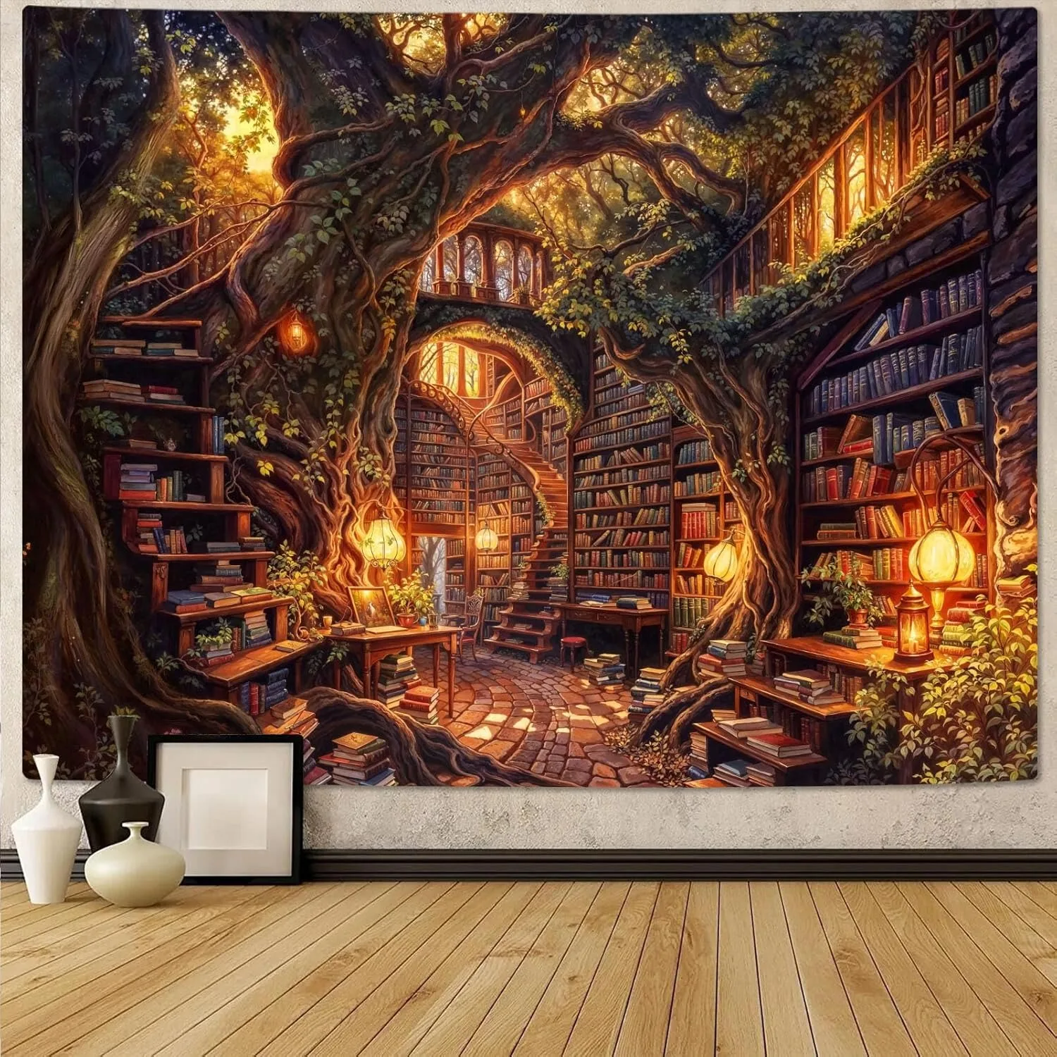 Vintage Fantasy Fairy Tale Tree House Books Bedroom Living Room Dormitory Classroom Printed Tapestry Living Room Bedroom Home De