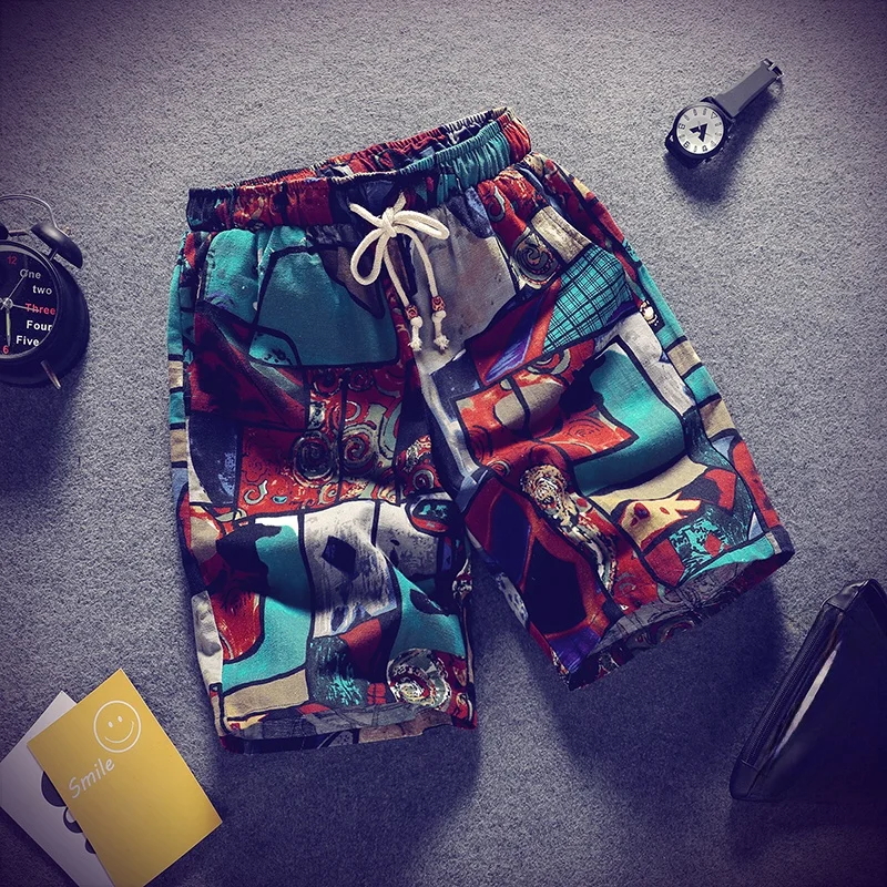 夏用薄手通気性カジュアルメンズリネンビーチショーツパンツ、ルーズフィット、若々しいスタイル、ローウエスト、五分丈ストレートレッグ