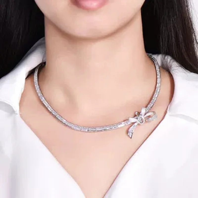 Full diamond ladder square collarbone chain women's new necklace 925 sterling silver plated 18k gold chain 40cm length