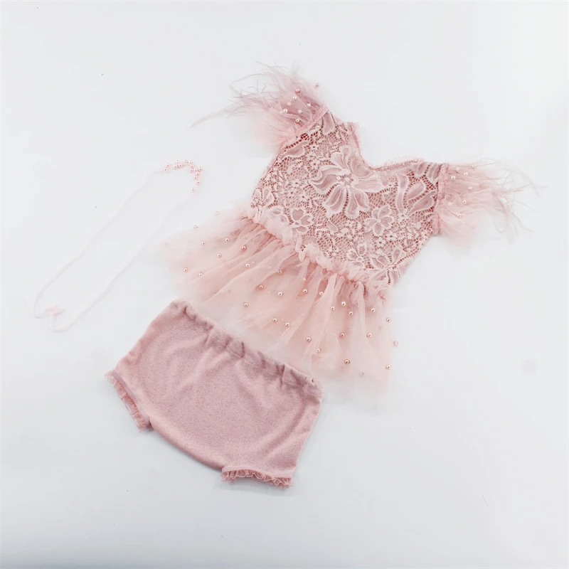 Fairy Newborn Photography Clothing Outfits Flamingo Feathers Infant Lace Dress Panties Pearls Headband 3pcs Sets Photo Costumes