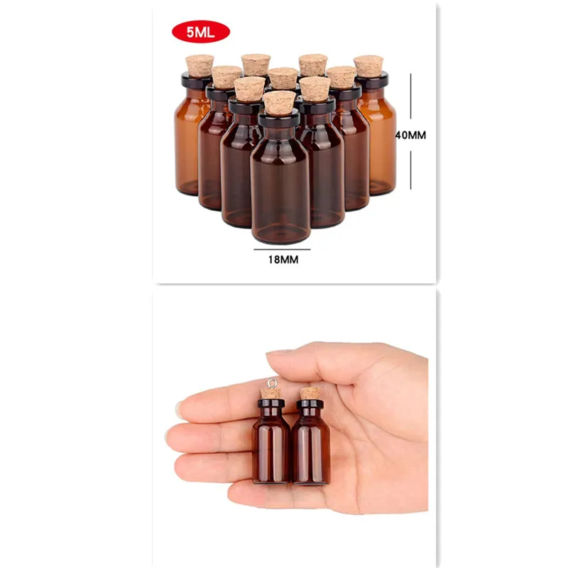 

300pcs 18x40 Brown Small 5ml Glass Bottle with Cork Wishing Bottle Drift Bottle Mini Empty Amber Glass Jar DIY Craft