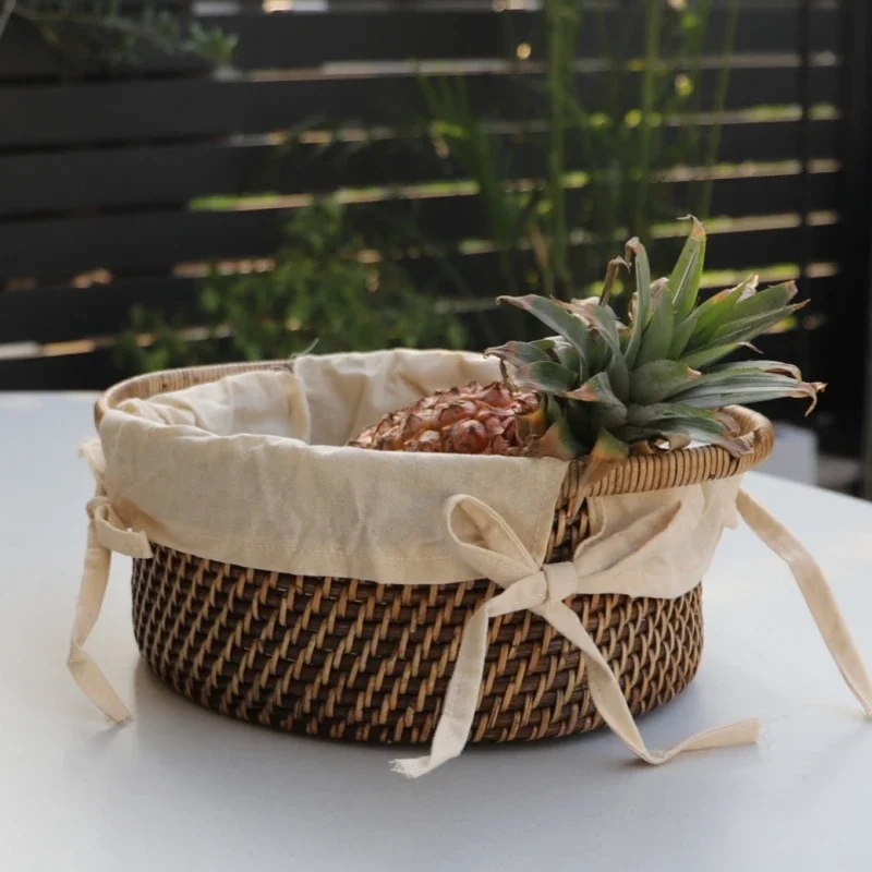 Round Rattan Basket with Handles and Lining,Vintage Fruit Serving Baskets Bowls for bread,Snack,Kitchen Countertop Basket Gift