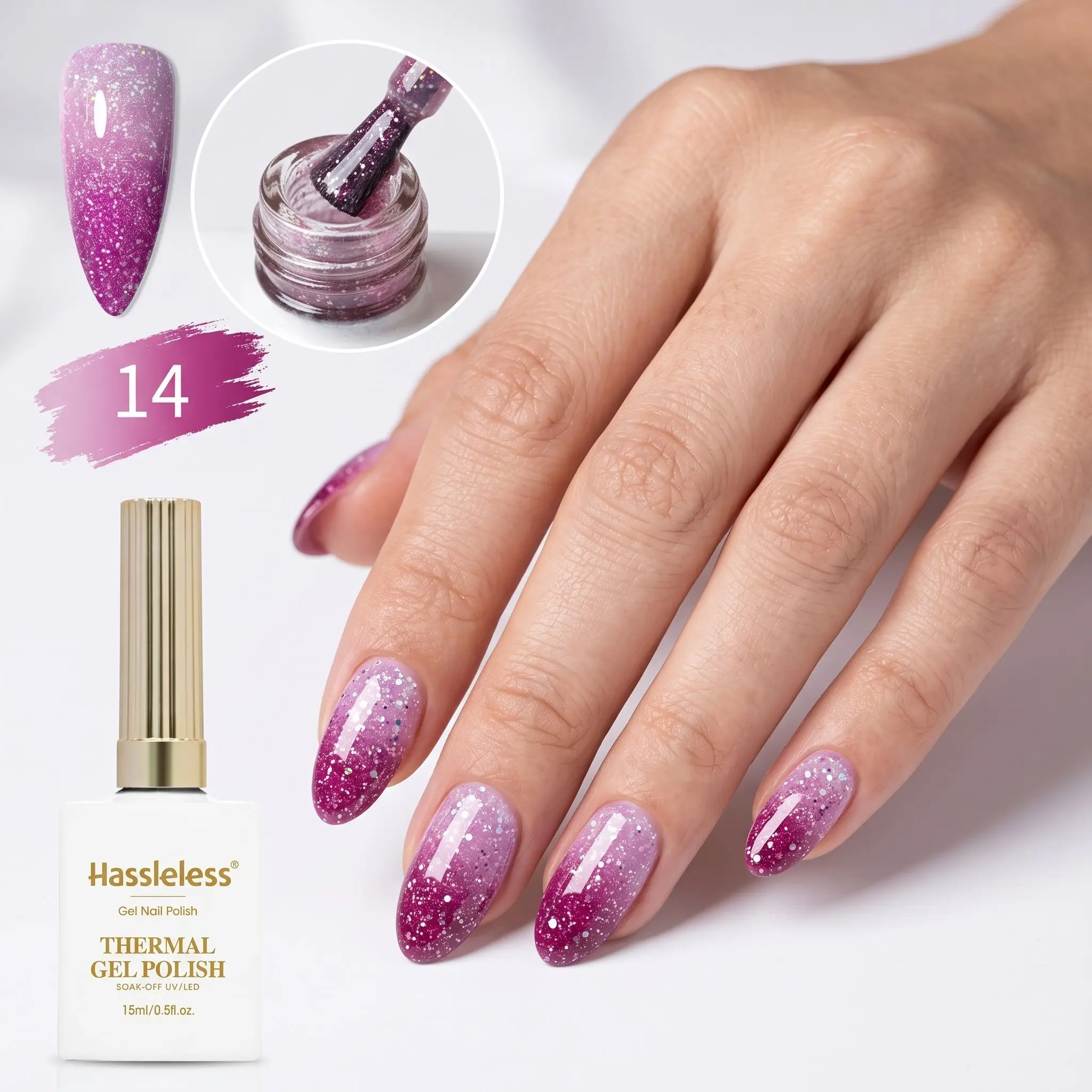 Hassleless Iridescent Purple Flash Temperature-Changing Nail Polish Gel, Single Tube, Moderate Gel Consistency, Smooth Application