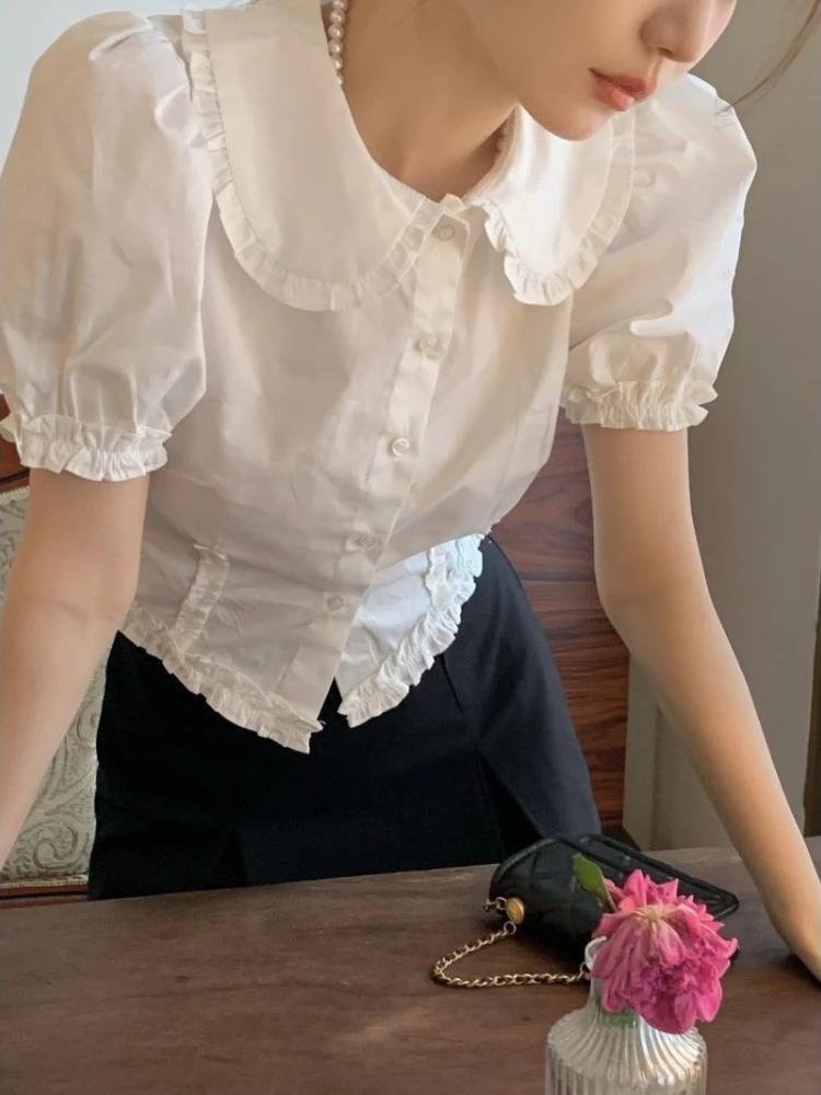 White Shirts Women Peter Pan Collar Kawaii Japanese Style Summer Crop Tops Elegant Chemise Femme Irregular Casual Short Sleeve