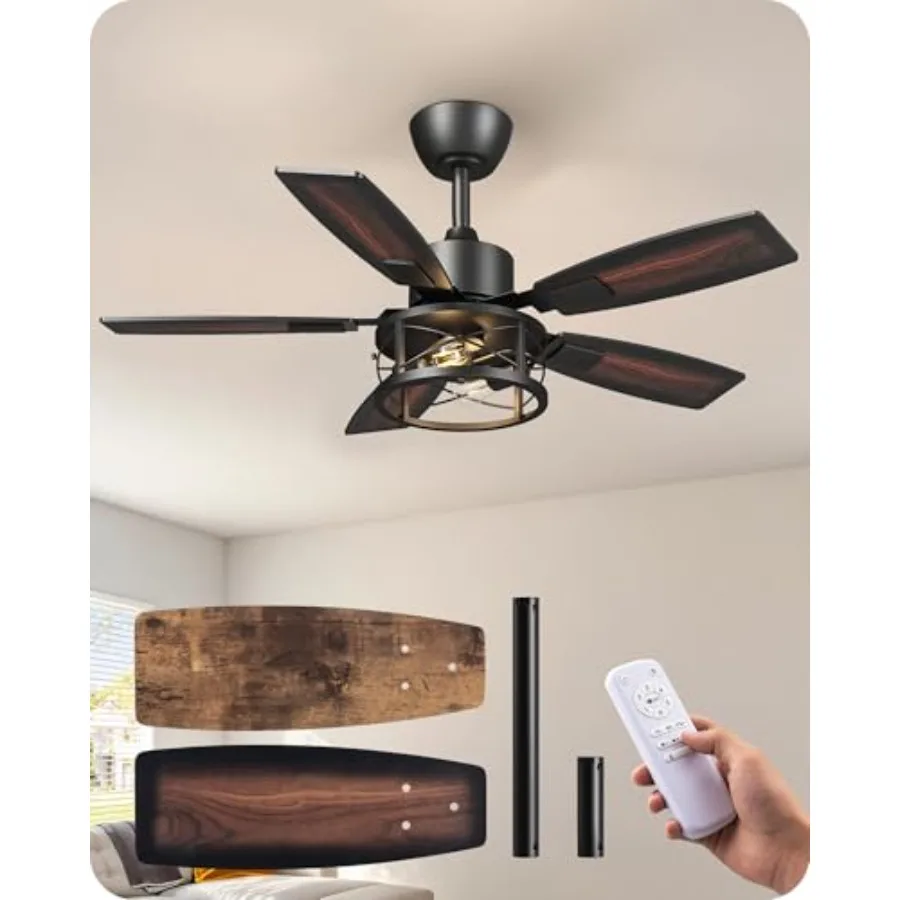 

Farmhouse ceiling fan with light for living room/bedroom: wooden blades, rustic caged design, 42-inch, dimmable 10-100, reversi