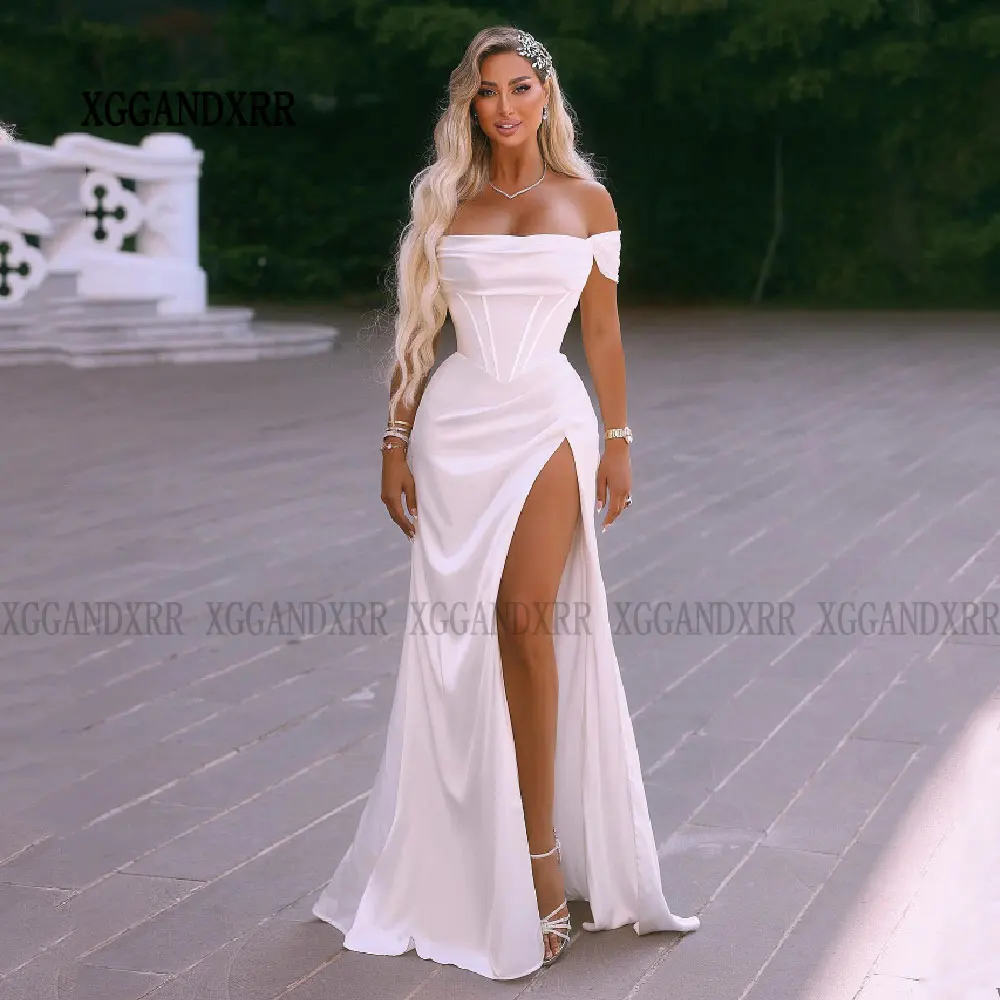 Sexy lange Meerjungfrau Brautkleid wunderschöne träger lose rücken freie Satin Frau Brautkleid mit hohen Schlitz Boho Brautkleid weiß