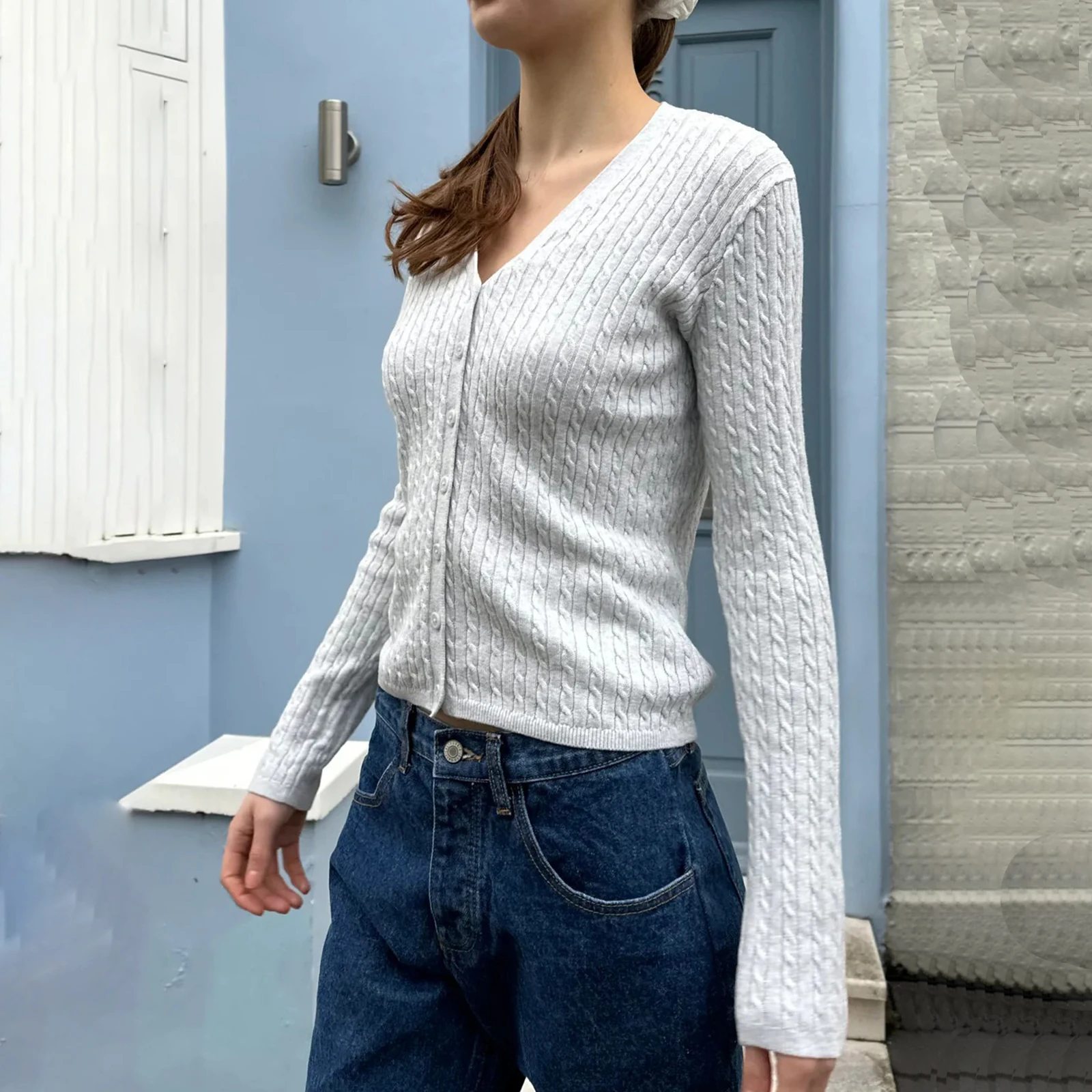 سترة كلاسيكية منسوجة على شكل كابل للنساء، سترة عصرية بلون سادة وأكمام طويلة وأزرار سفلية #5