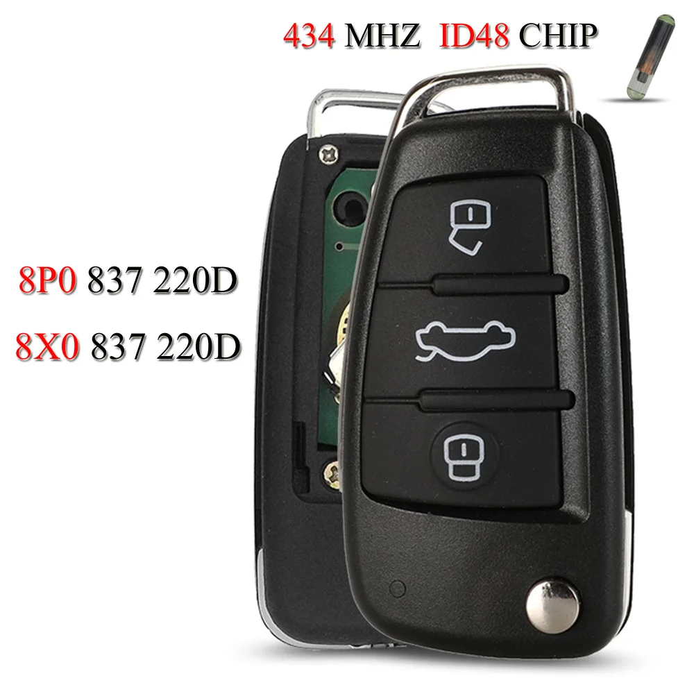 

jingyuqin 8P0837220D 8X0837220D Remote Smart Car Key For Audi A3 S3 A4 S4 TT 434MHz ID48 Chip 3Buttons Remote Control 220D