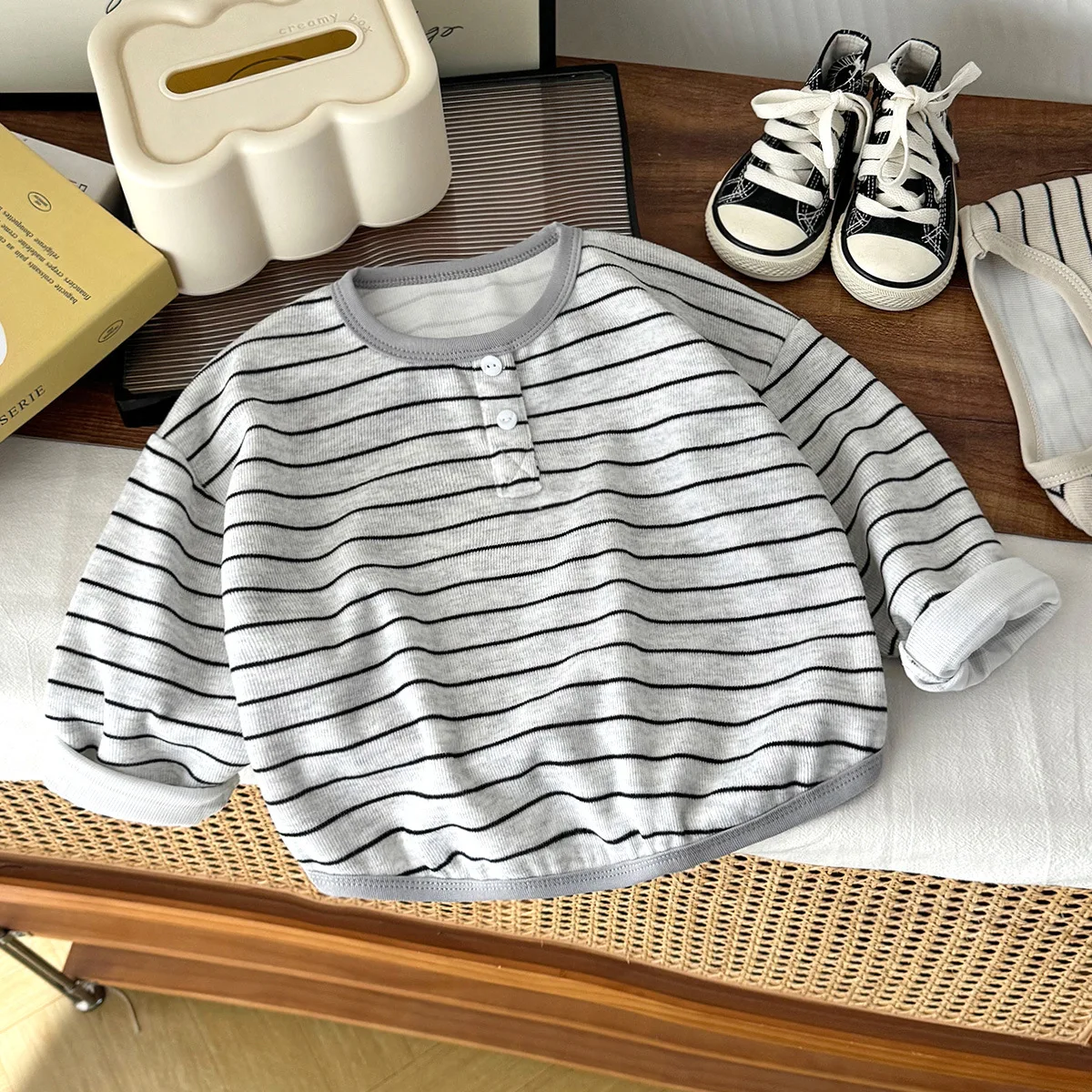 Boys Long-sleeve Striped T-shirt Spring Autumn Girls Warm Base Shirt Baby Soft Kids Sweat Shirt Children Casual Campus Layering