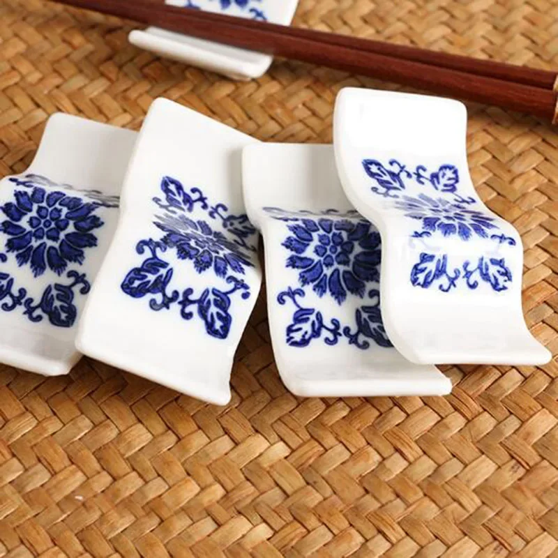 10Pcs /Set Ceramic Chopstick Holder Blue and White Porcelain Rest Chopstick Rack Fork Spatula Rack Shelf Kitchen Utensil