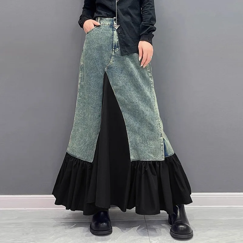 

Long Skirt Women Patchwork Denim Pleated Skirts Irregular A Line Pockets Vintage Distressed Washed Female 2025 Streetwear