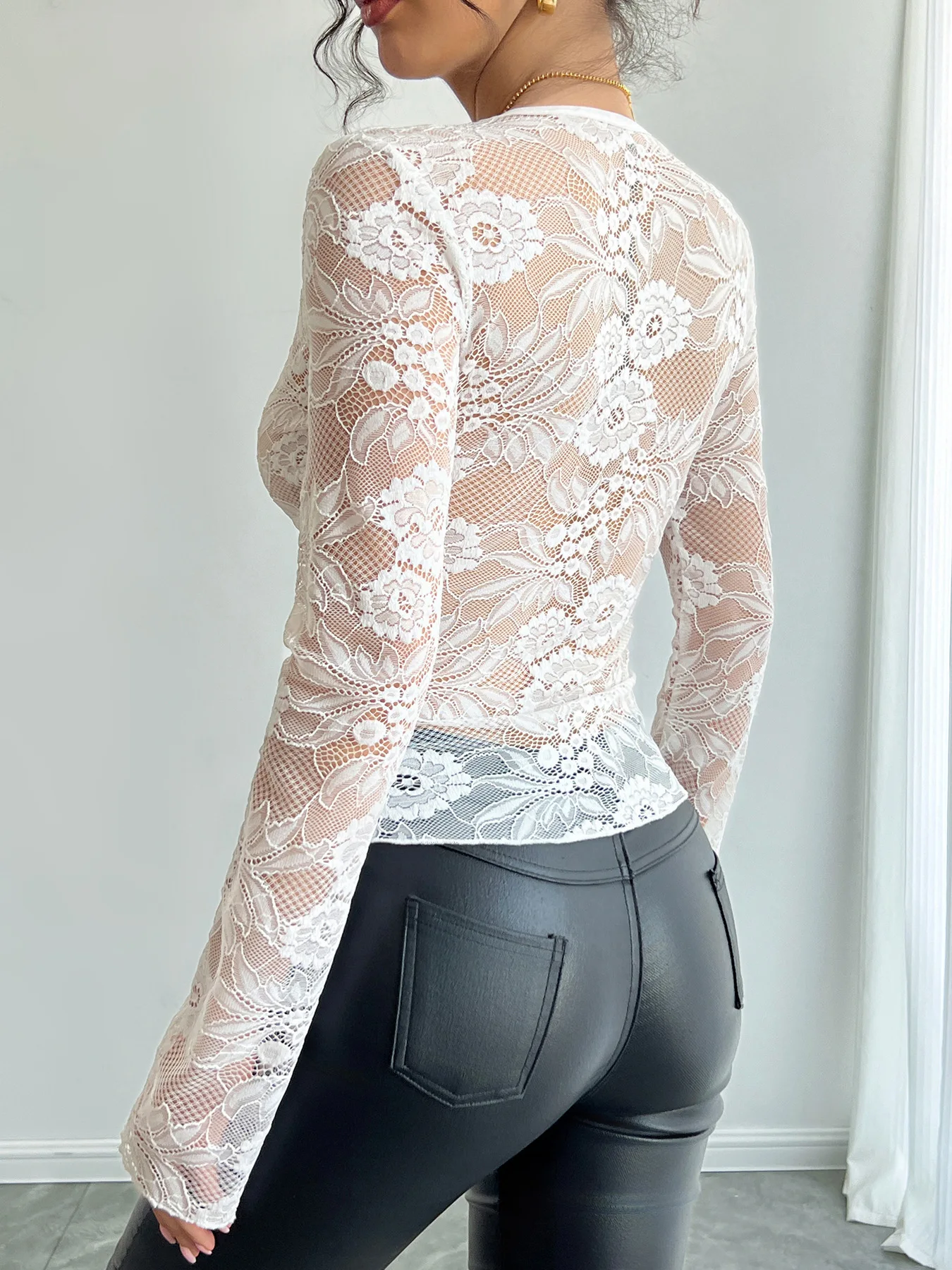 Hot Sexy Semi-Transparent Deep V Neck Lace Shirts For Women Elegant Ladies Slim Fit Long Sleeve Solid T Shirts Bottom Tee WY0019