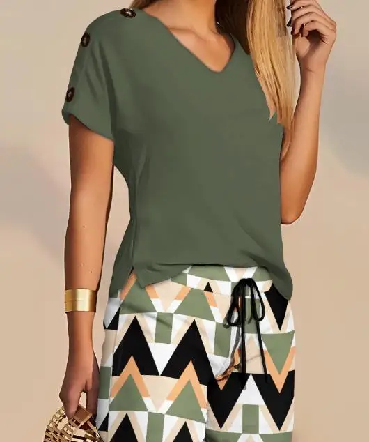 Two Piece Set Women Outfit 2023 Summer Fashion V-Neck Short Sleeve Top & Casual Geometric Print Drawstring High Waist Shorts Set