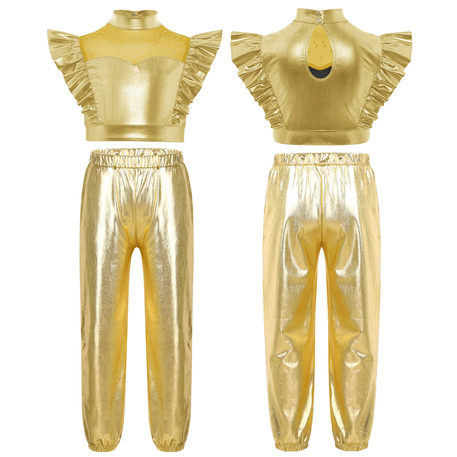 

Kids Girls Jazz Dance Outfit Mock Neck Rhinestone Mesh Patchwork Sleeveless Metallic Crop Tops with Shiny Pants Jazz Dancewear