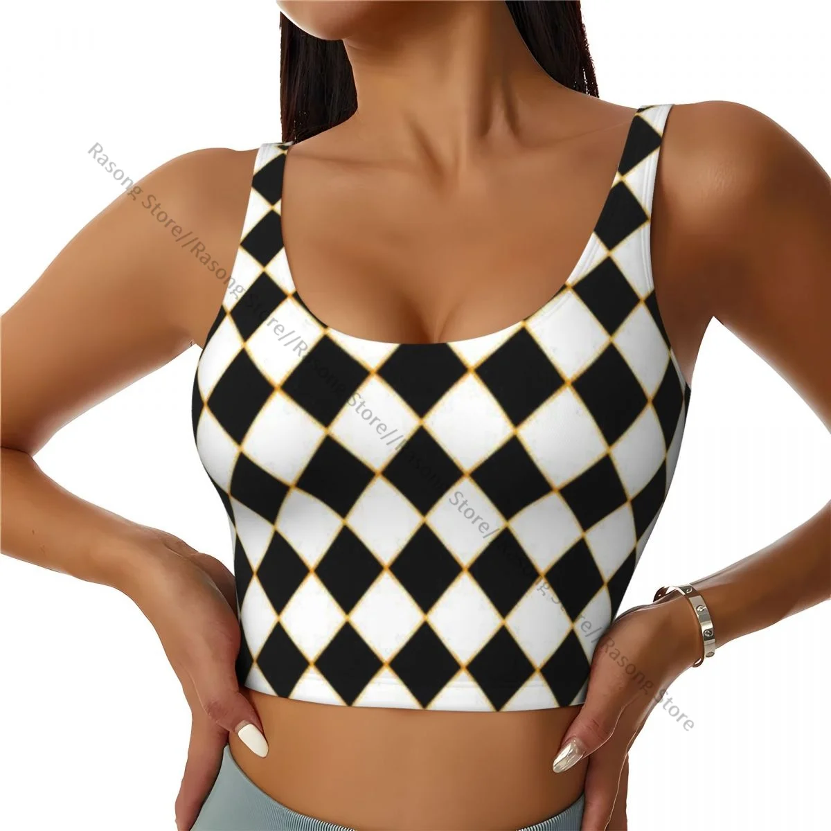 Sports Bra Women Running Yoga Clothes Vest Chess Board Geometric Shape Gathering Fitness Vest