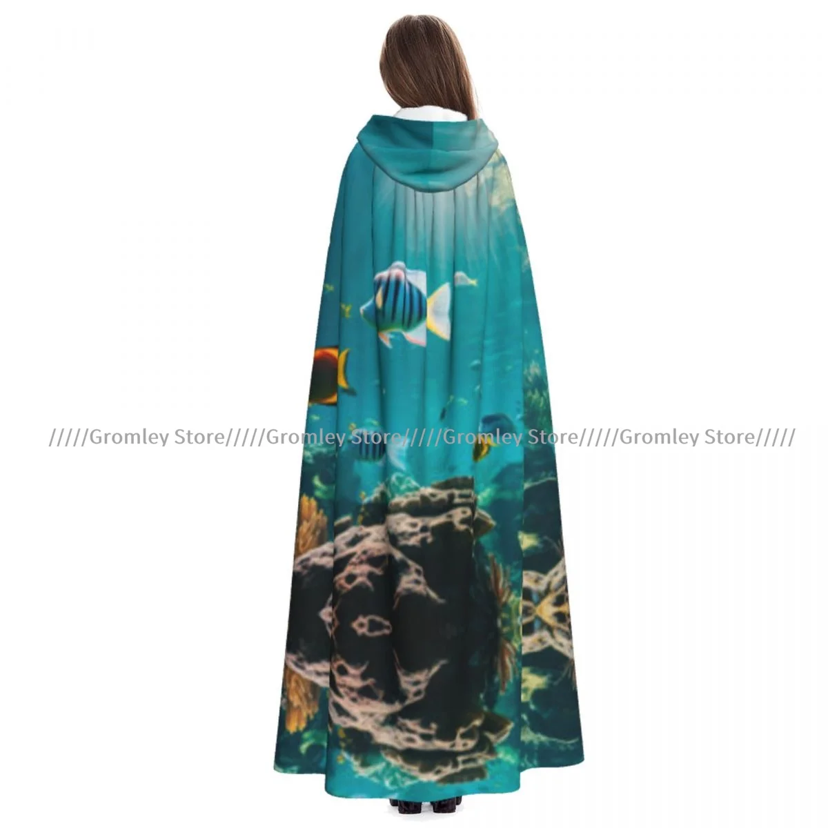 Medieval Halloween Cosplay Cloak Hooded Coat Coral And Fish In The Sea Water Cape Coat Long Trench Costume Wizard Cloak