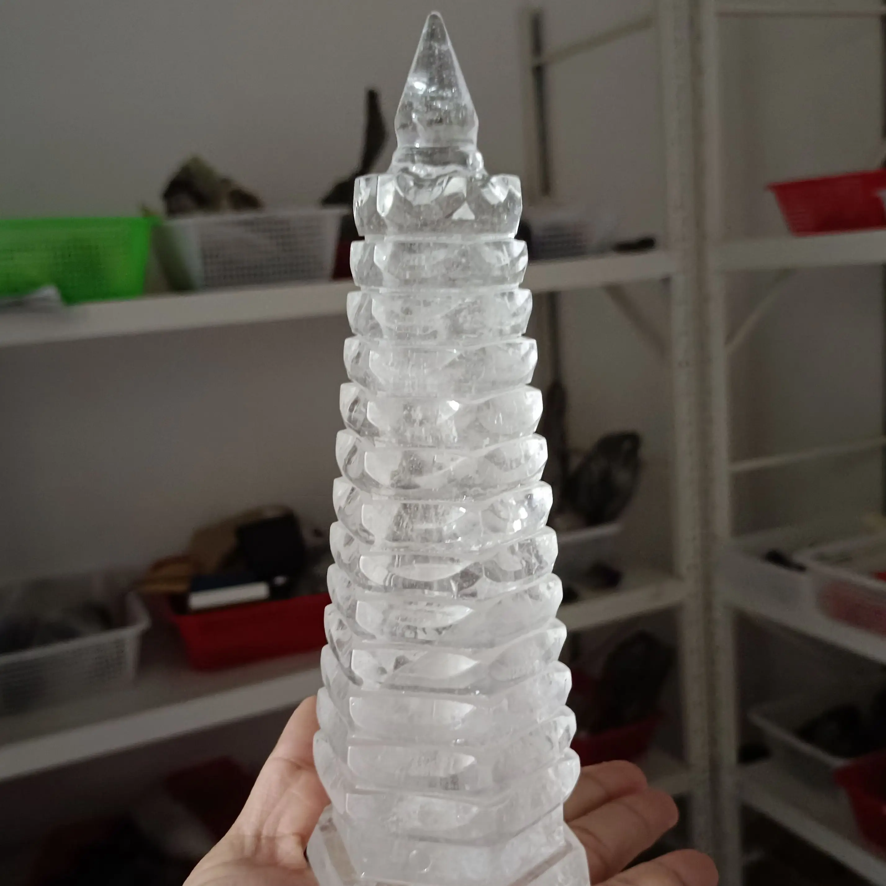 Huge Natural White Quartz Wenchang Tower,Transparent Crystal Carved Tower,Mineral Tower,Degaussing Divination Decor Meditation