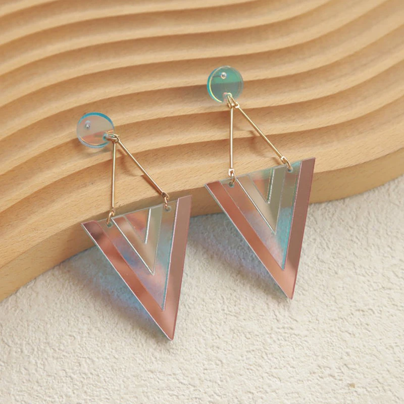 Fashion Laser Cut Geometric Acrylic Earrings For Women Exaggerated Reflective Inverted Triangle Long Dangle Earring