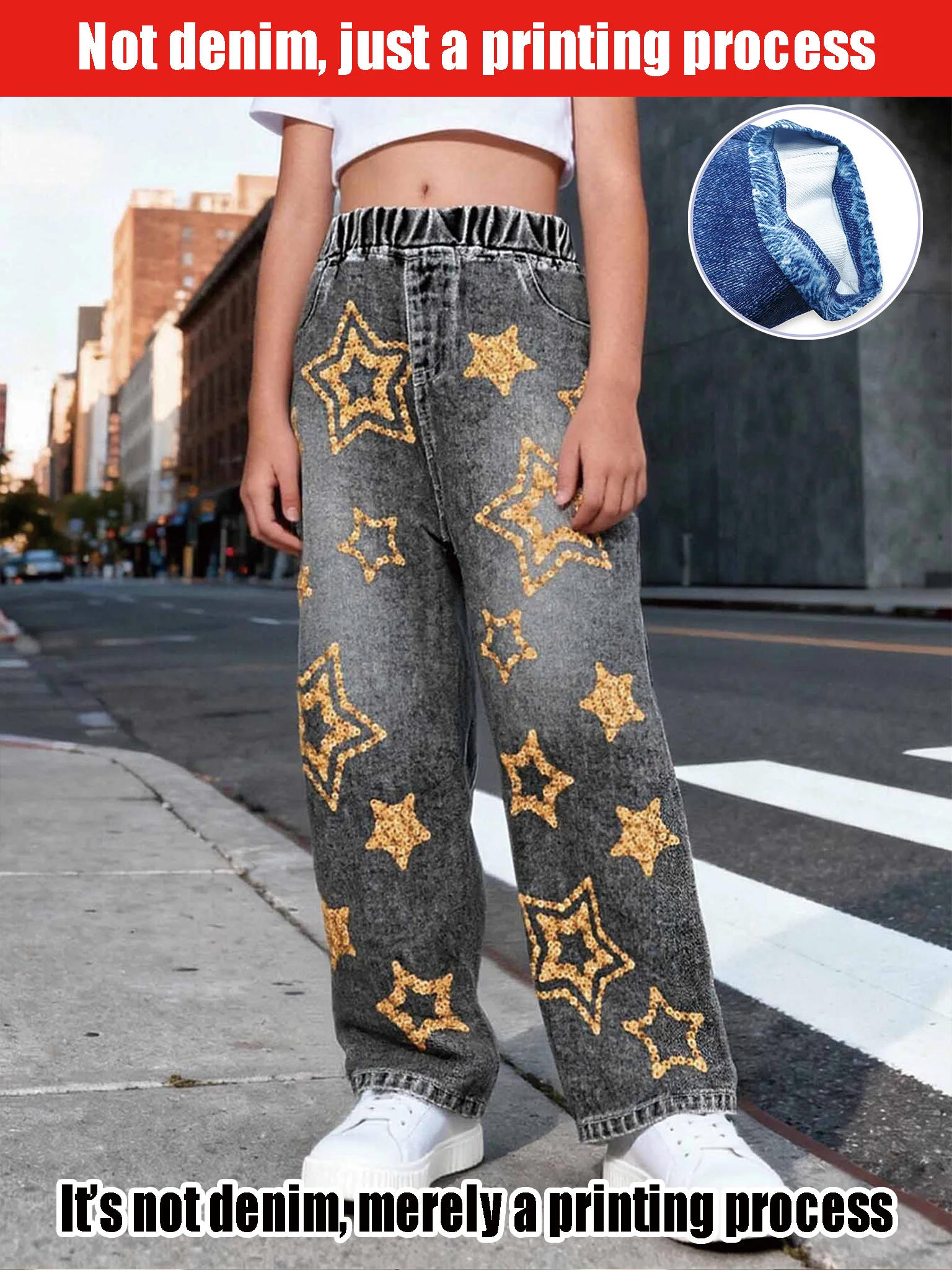 

2026girl High-Waisted Wide Leg Pants Gold Star Sequin Print Trendy Street Style Gray Denim Artifical Fabric