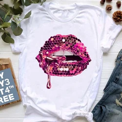 Camiseta con estampado gráfico de labios con purpurina rosa para mujer, ropa lujosa de maquillaje, ropa estética para mujer, venta al por mayor