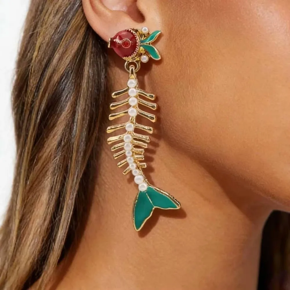 Glazed Simulated-Pearl Fishbone Earrings Handmade Spliced Long Bend Design Pearl Earrings Multicolored Enamel Gothic Tassel