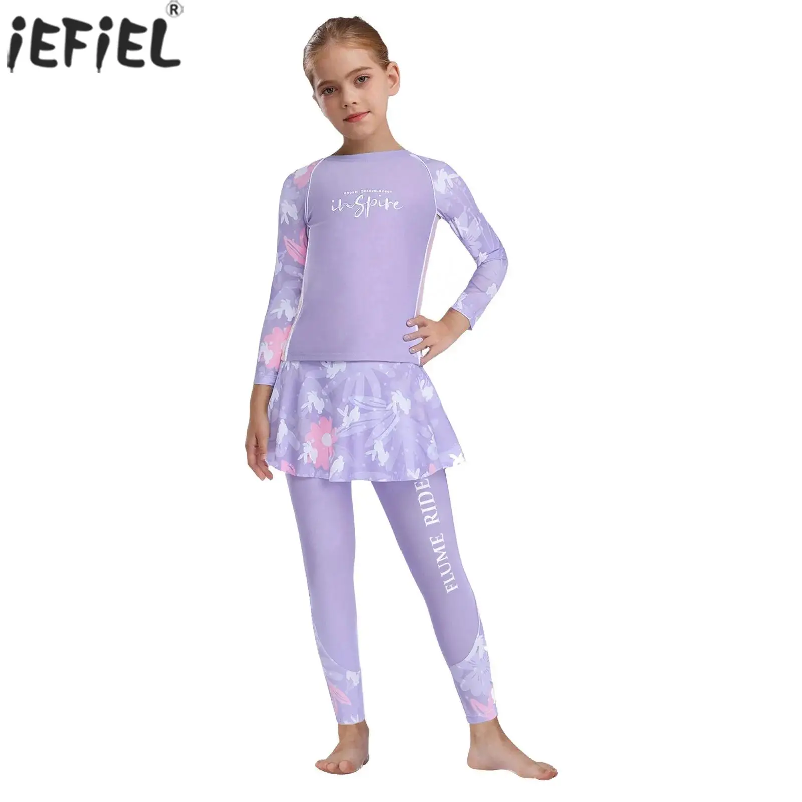 

Kids Girls Rash Guard Swimsuit Long Sleeve Floral Print Swim Dress with Drawstring Pantskirt Bathing Suit Beach Surfing Swimwear