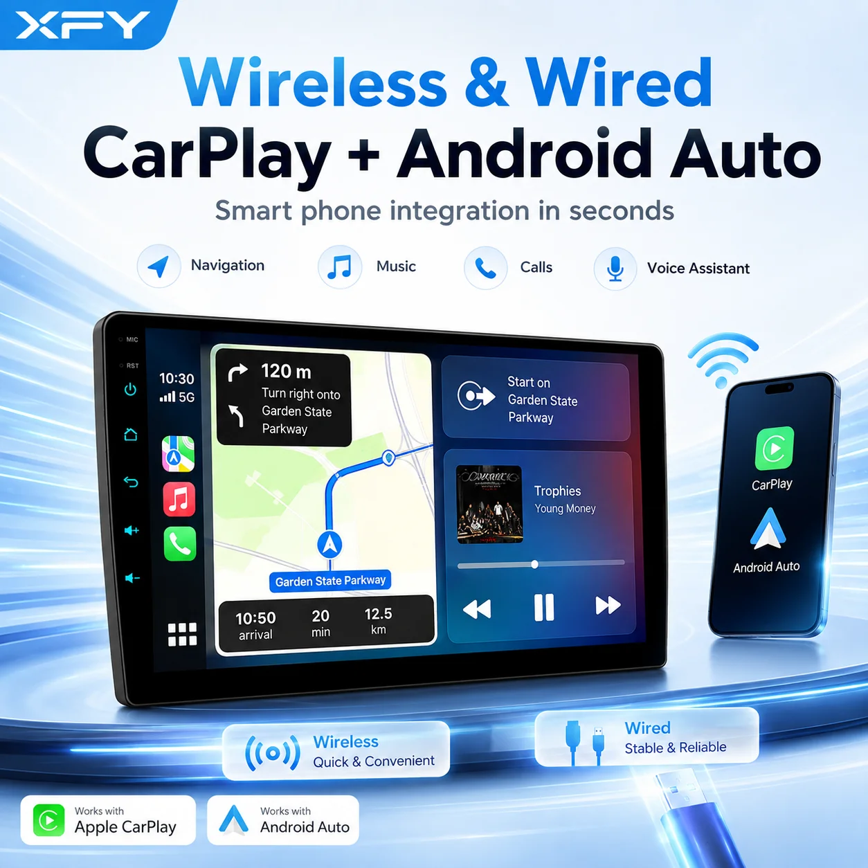 XFY Android 15 Car Radio With FM+RDS And Wireless CarPlay 4GB RAM 64GB ROM 7/9/10 Inch 720x1280 IPS Universal Media Receiver