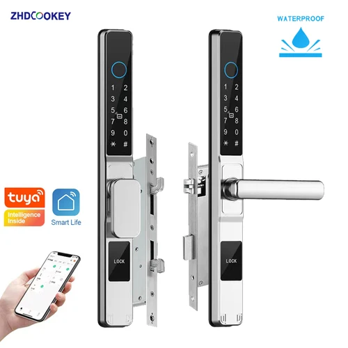Imagen 2 del producto Tuya Wifi APP impermeable cerradura inteligente con huella dactilar tarjeta de contraseña cerradura de puerta corredera de aluminio para puerta corredera de empuje al aire libre