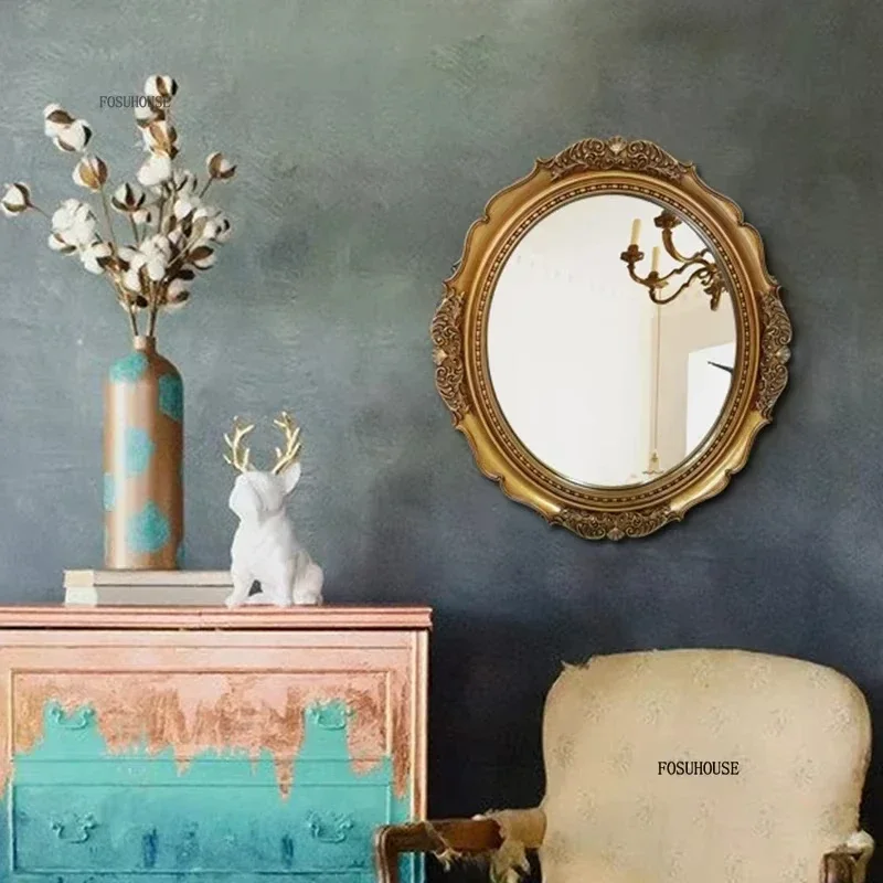 

European Retro Carved Bathroom Mirrors Living Room Porch Decorative Mirrors Light Luxury Wall Mirror Home Bedroom Vanity Mirror