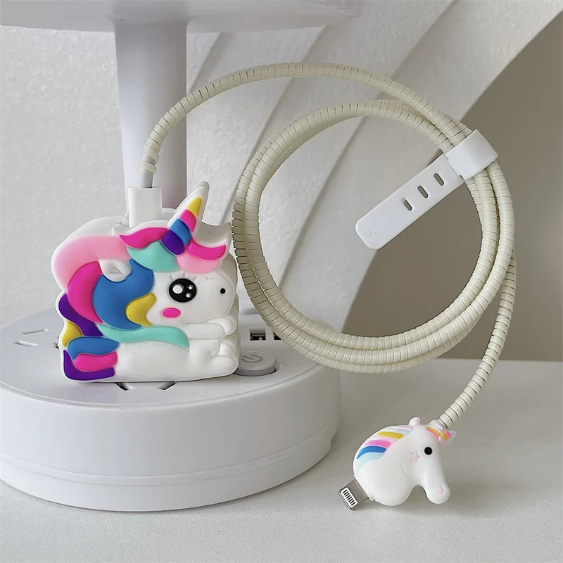 Y2K Cute Cartoon Color Unicorn Charger Cover For IPhone 11 12 13 14 18W-20W Kawaii Clear Charge Protection Cover Charger Sleeve