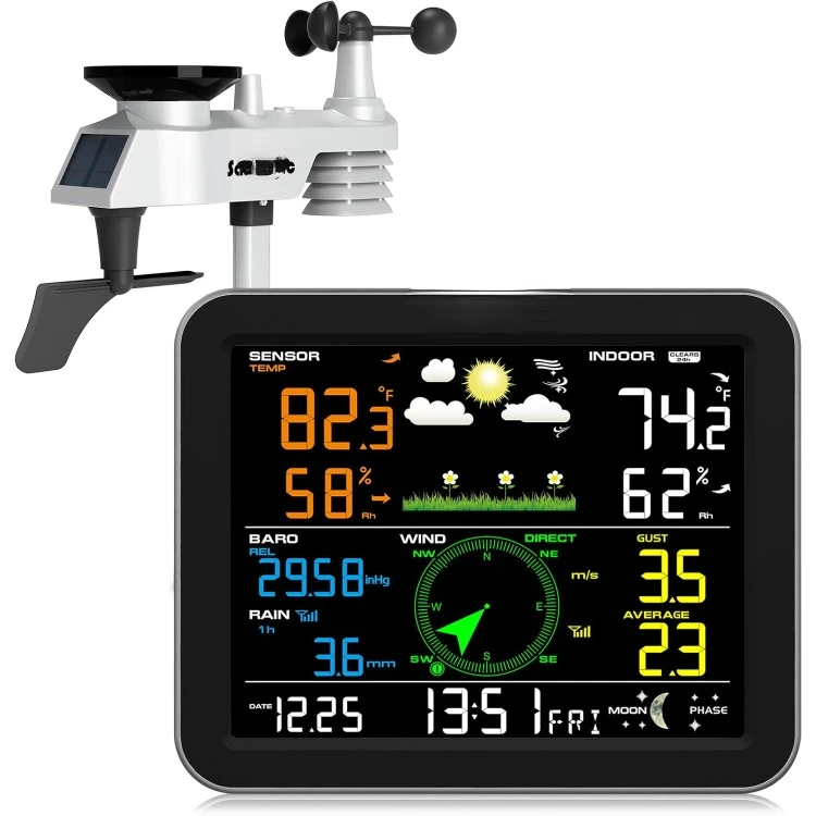 Weather Station Wireless Indoor Outdoor, Weather Station with Rain Gauge and Wind Speed/Direction, Temperature, Humidity, Air