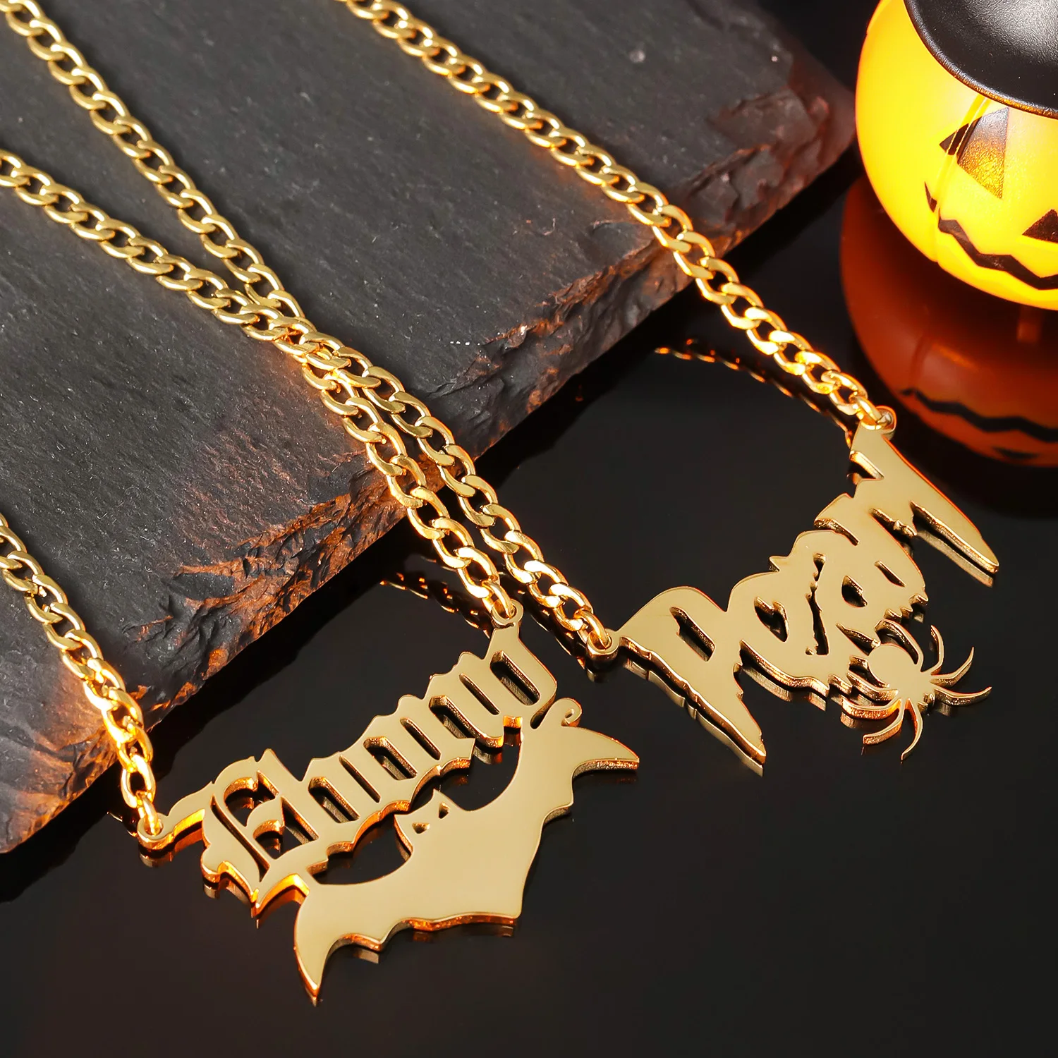 

Custom Halloween Name Necklace 2.0mm Charm Waterproof Personalized Gothic Bat Name Necklace Trick or Treat Party Gift for Her