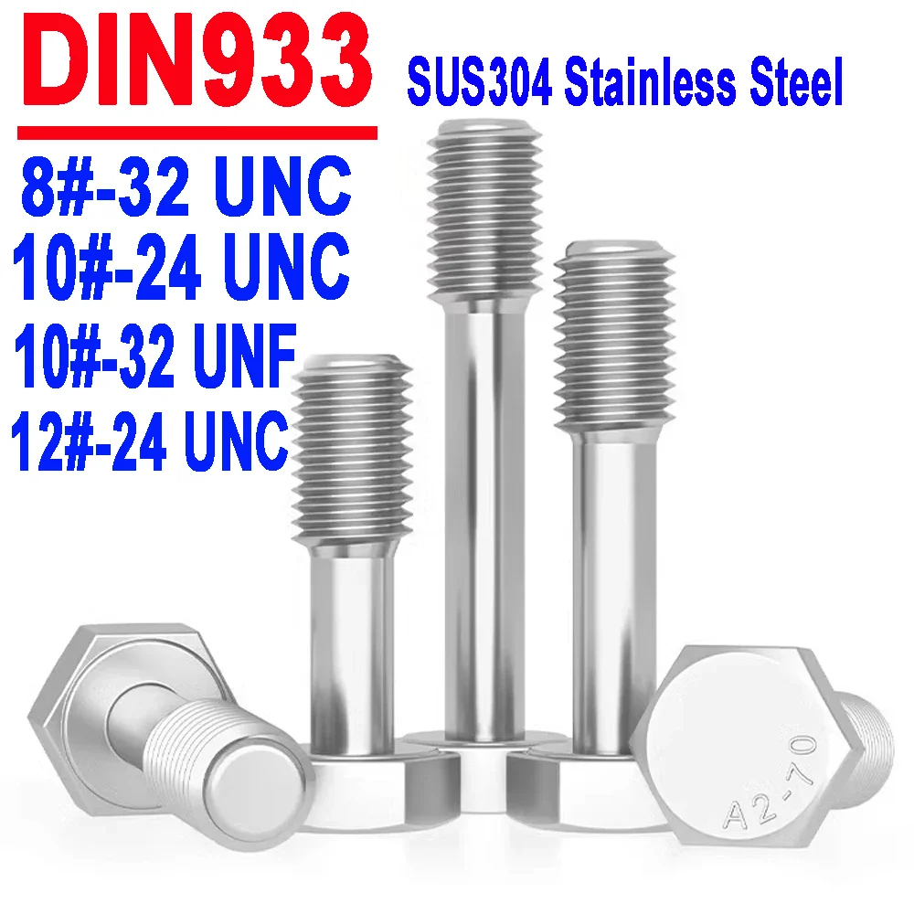 8# 10# 12# UNC UNF Thread DIN933 SUS304 Stainless Steel Hex Head Captive Screws Loose Bolts Anti-Loosening