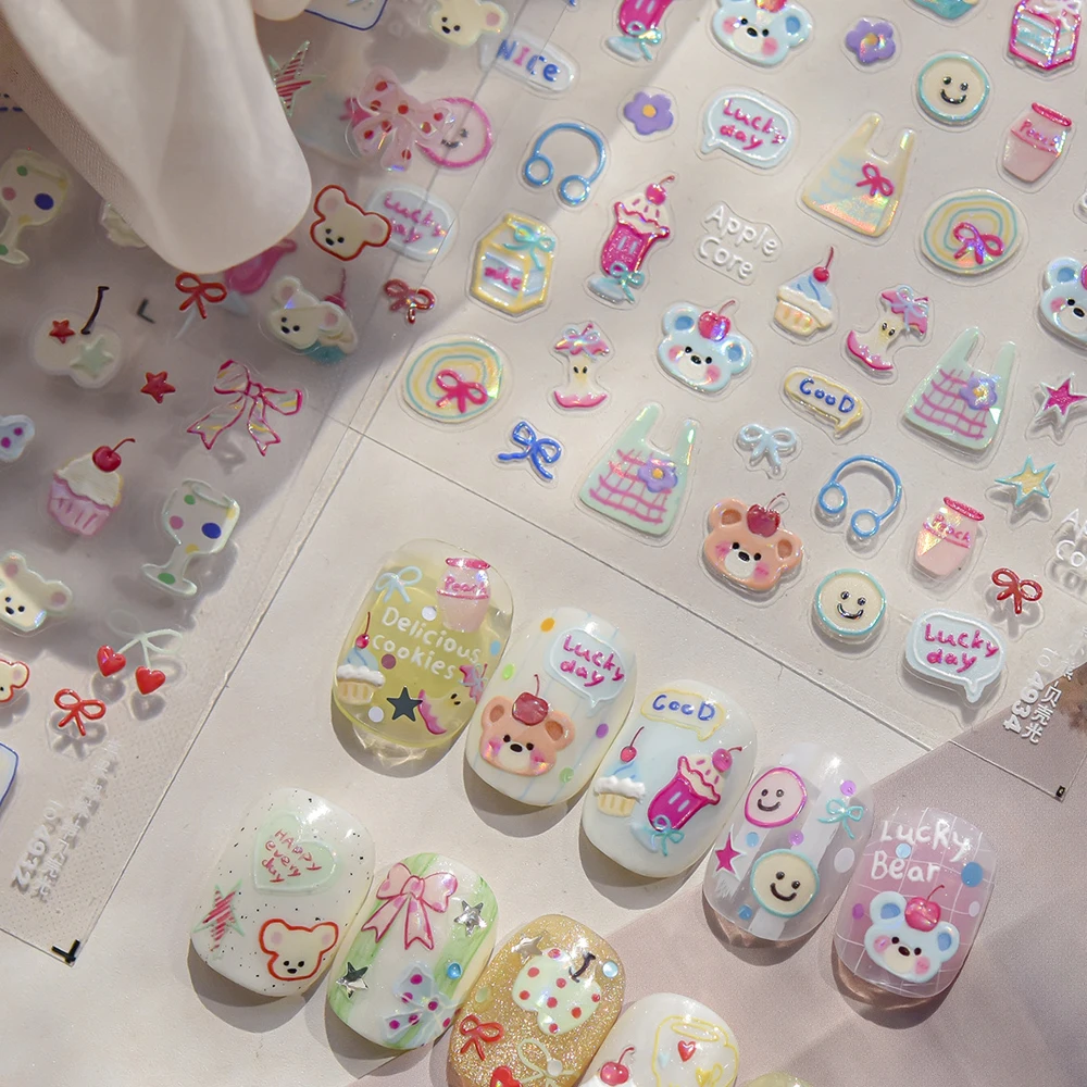 

Lucky Bear Dessert Cake Milk Bowknot Apple Core Flower Cute Bags Delicious Cookies Self Adhesive Nail Art Sticker Manicure Decal