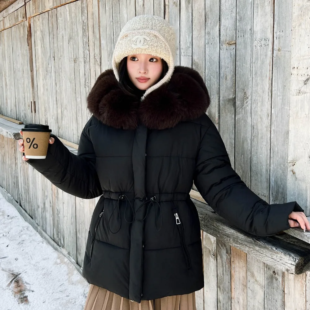 2026 Winter New Waist Cotton Clothes Women's Short Big Fur Collar Thickened and Thin Jacket Texture Unique Fashion Simple High